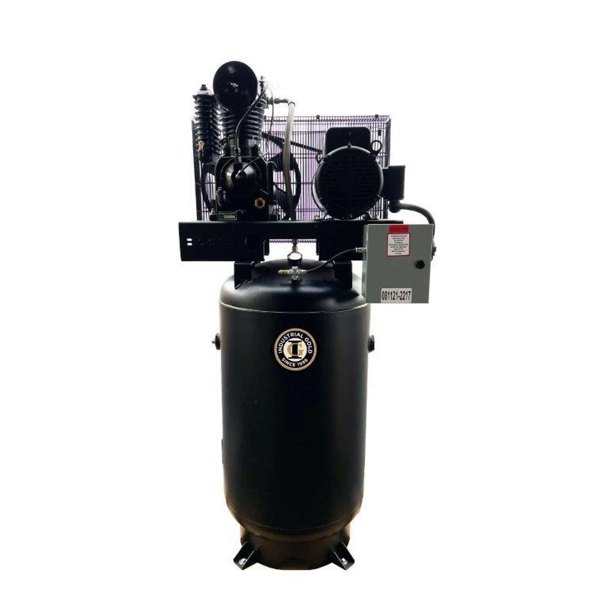 Industrial Gold, 7.5hp, 80 gallon, 24CFM175PSI, 2 stage, Horsepower 7.5 HP, Air Tank Size 80 Gal, Volts 208-230 Model# CI7521E80V